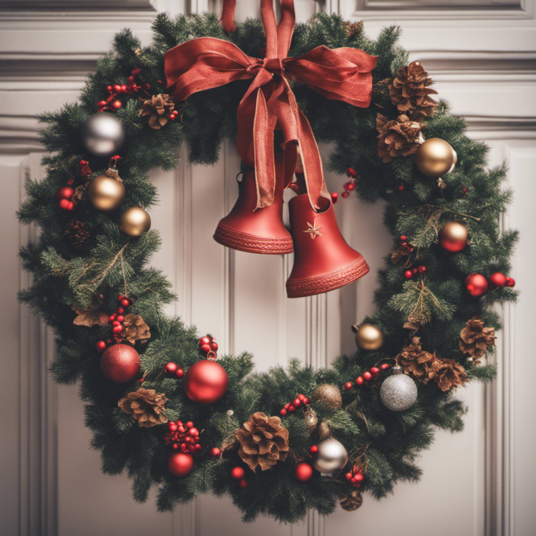 Christmas wreath with bells and ribbon on a door