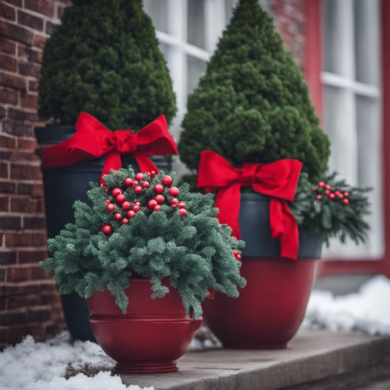 planters with hardy shrubs like boxwood and red twig dogwood. Accent with Christmas balls and ribbons to complete the look