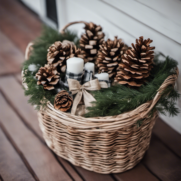 a wicker basket and fill it with birch logs, greenery, and oversized pinecones. Wrap it up with buffalo check ribbons to coordinate with other porch elements