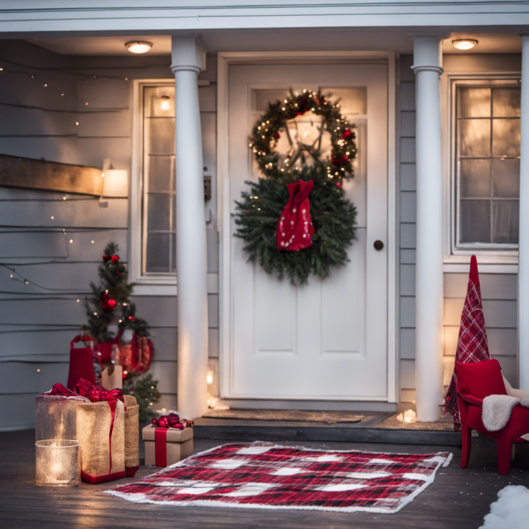 Christmas decorated front porch Greet guests with a DIY mat featuring winter motifs or plaid patterns