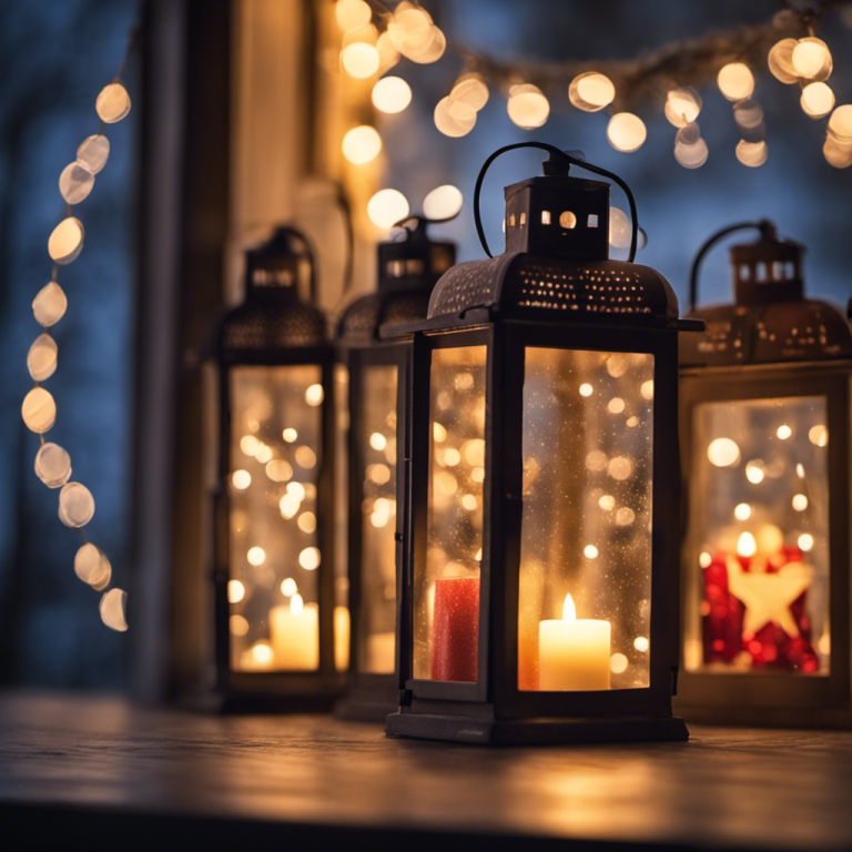 Christmas decorated front porch lanterns filled with LED candles or a row of string lights