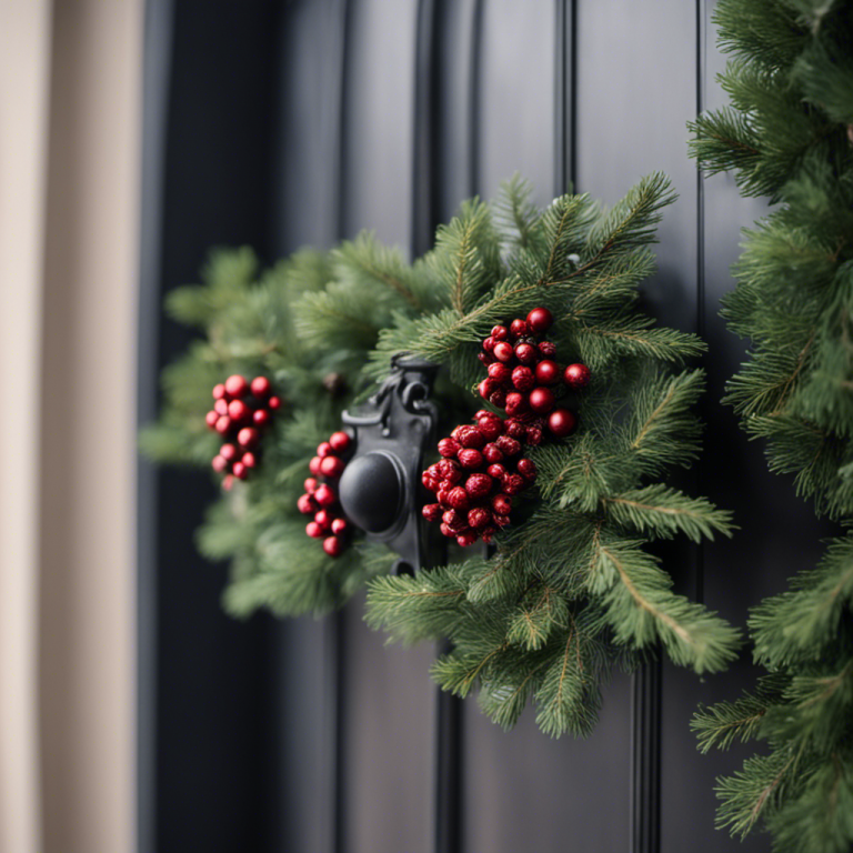 Christmas decorated front door handle with a strand of greenery with faux holly berries and a pinecone makes an exquisite door handle decoration