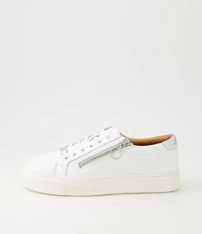 ZIERA ZIERA PAMELA SNEAKER LACE UP SIDE ZIP WHITE SILVER LEATHER