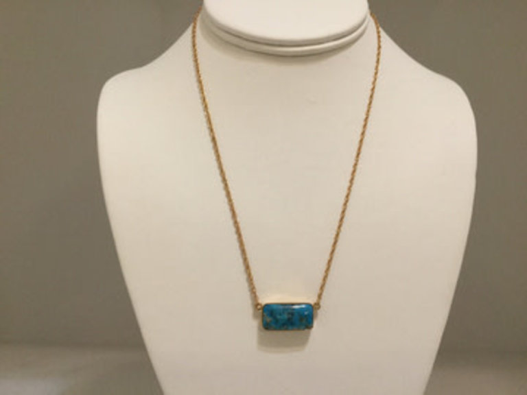 Handcrafted King Manassa Turquoise Bronze Bezel Necklace 16-inch 1.7mm Bronze Rope Chain