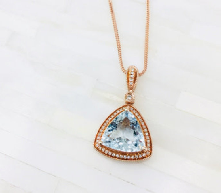 JF Options 14KR  3.04ct Trilliant-cut Aquamarine with 0.10ctw Diamond Halo I/SI with 18-inch 1.2mm Singapore Foxtail Chain