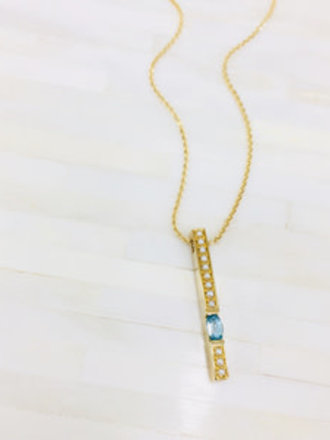 14KY Bar Slide Pendant with 5x3mm Oval Blue Zircon and 1.25mm White Seed Cultured Pearls