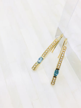 14KY Bar Earrings with 5x3mm Oval Blue Zircon and Cultured Seed Pearls