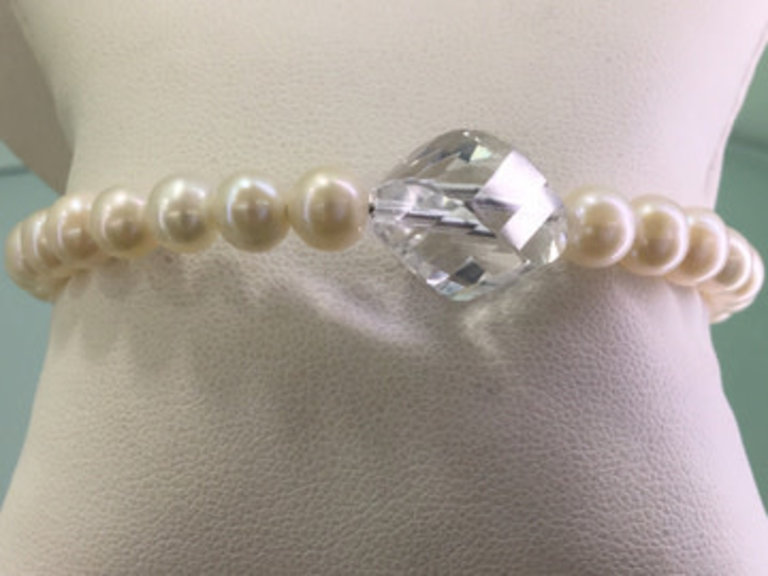 Crystal Freshwater Cultured White Pearl Cuff Bracelet Sterling Silver 5-6mm 7.5 inch Genuine