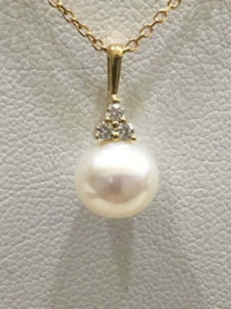 14K Yellow Pearl Diamond Necklace 18-inch 8mm White Freshwater Cultured 0.06ctw diamonds