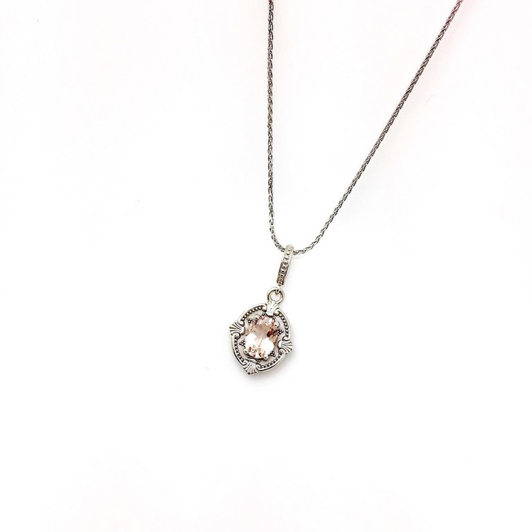 14KW Necklace with 1.13ct Oval 8x6mm Morganite Victorian Pendant with 1mm diamond-cut 18-inch Wheat Chain