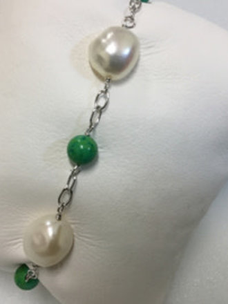 Sterling Silver Baroque Pearls & Turquoise Bracelet 7"