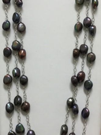 Sterling Silver Black Freshwater Baroque Pearl Station 70-inch Necklace