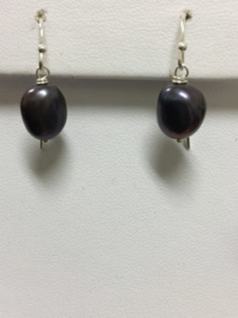 Sterling Silver Black Freshwater Baroque Cultured Pearl Earrings
