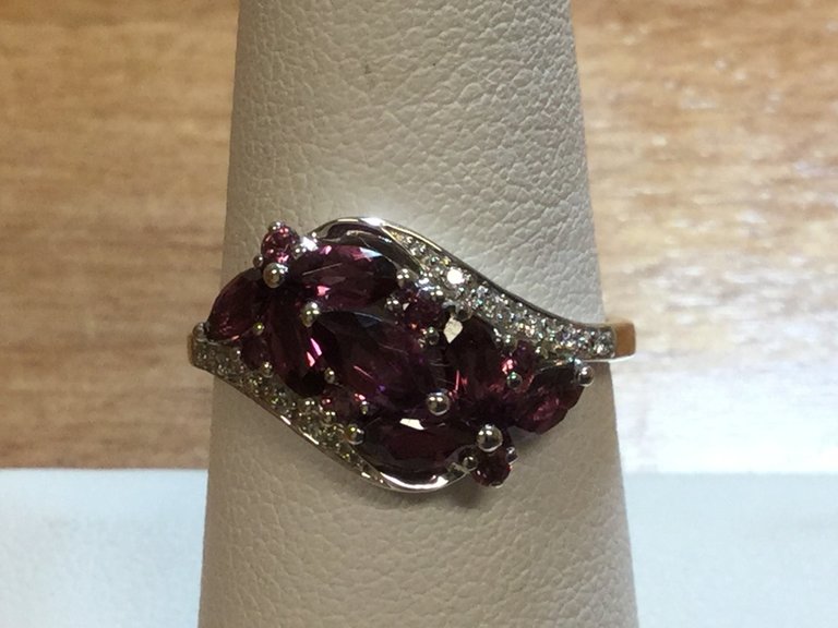 14KW Purplish Brazilian Garnet & 0.04ctw Diamond Bypass Ring - size 7