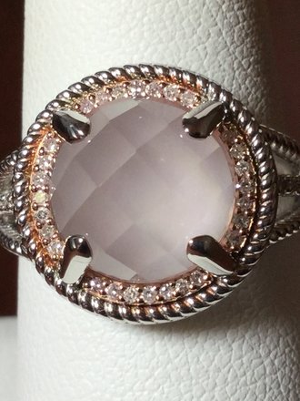 14K RGP 925 Rose Quartz Ring Checkerboard 10mm Round Cabochon 1/8 CTW Dia Size 6.75