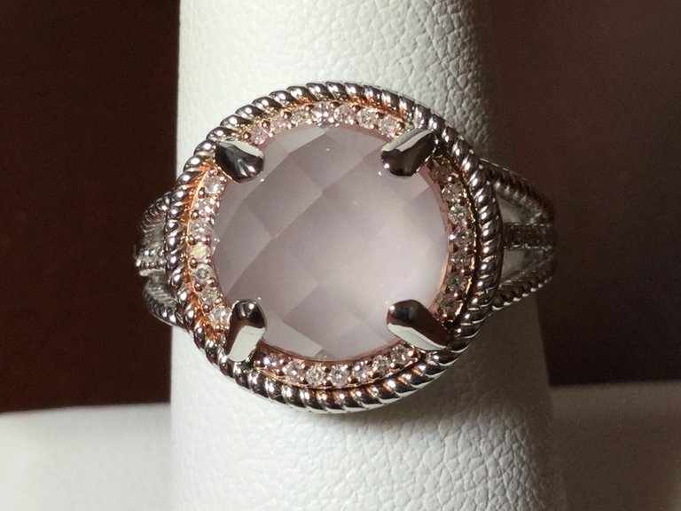 14K RGP 925 Rose Quartz Ring Checkerboard 10mm Round Cabochon 1/8 CTW Dia Size 6.75