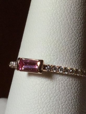 14K Rose 5 x 3mm Baguette Pink Sapphire with 1/6 CTW Diamonds Stackable Ring Size 7
