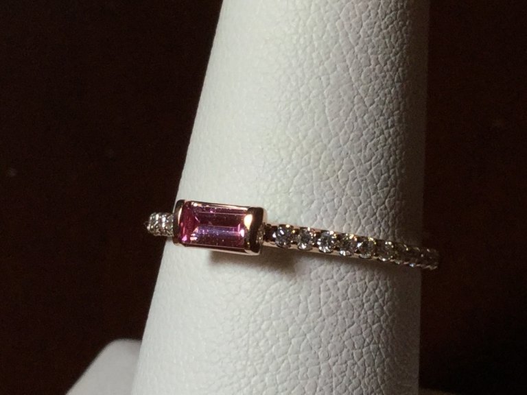 14K Rose 5 x 3mm Baguette Pink Sapphire with 1/6 CTW Diamonds Stackable Ring Size 7