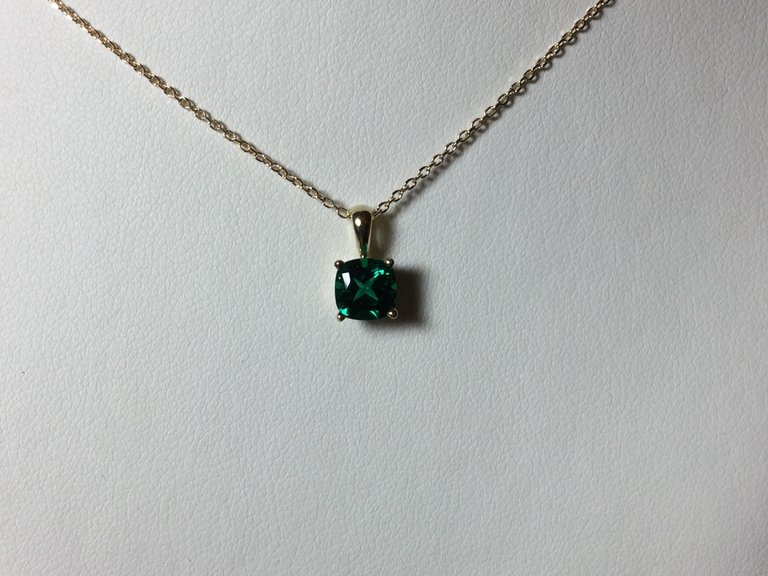 14K Yellow 6 x 6mm Chatham Lab Cushion Emerald Necklace