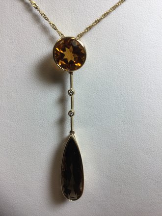 14KY Pendant with 9mm Round Madeira Citrine and 23x7mm Smoky Quartz and 0.02ctw diamonds