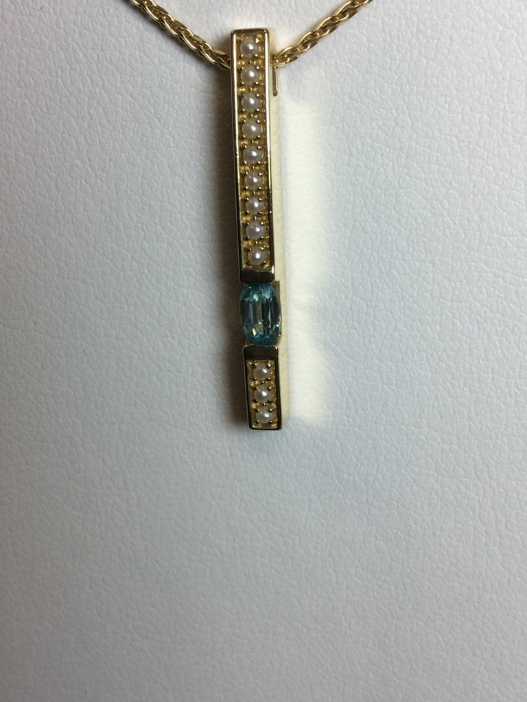 14KY Bar Slide Pendant with 5x3mm Oval Blue Zircon and 1.25mm White Seed Cultured Pearls