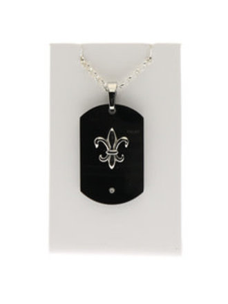 Stainless Steel Black Dog Tag Sterling Silver 3mm 20" Rolo Necklace with diamond and Fluer de Lis detail 44x38mm Stuller