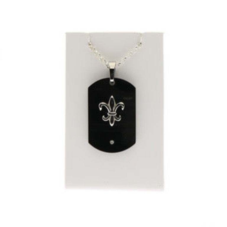 Stainless Steel Black Dog Tag Pendant 20” 3mm role Necklace with Fluer de Lis detail 44x38mm