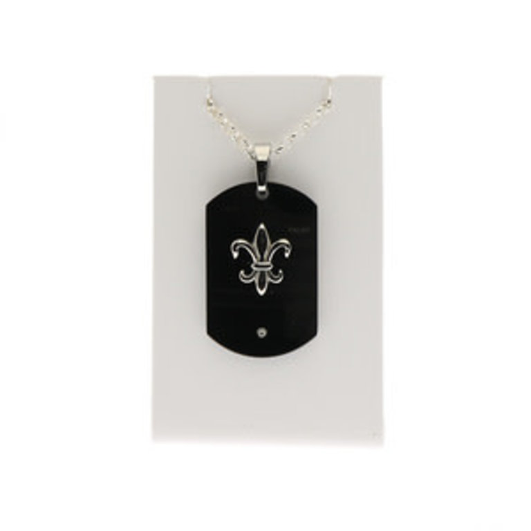 Stainless Steel Black Dog Tag Sterling Silver 3mm 20" Rolo Necklace with diamond and Fluer de Lis detail 44x38mm Stuller