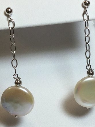 Sterling Silver Freshwater Cultured White Pearl Coin Earrings