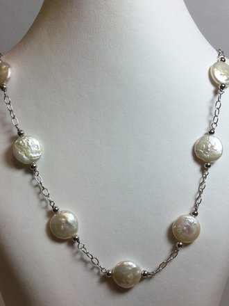 Sterling Silver 12-13 mm Cultured White Freshwater Pearl Coin 18" Necklace