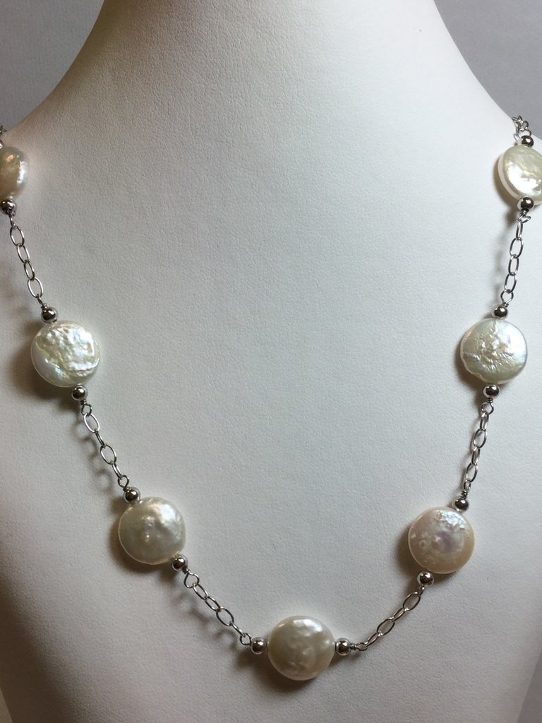 Sterling Silver 12-13 mm Cultured White Freshwater Pearl Coin 18" Necklace