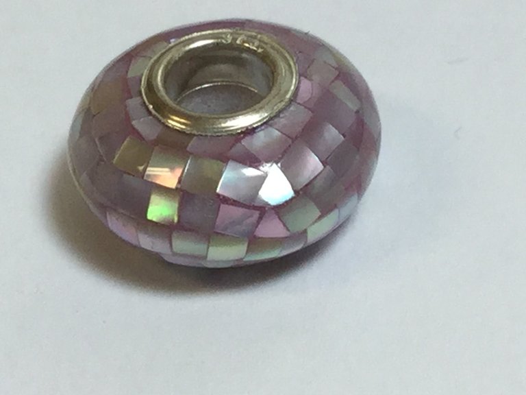 Sterling Silver Purple Mosaic Mother-of-Pearl Kera Bead 14 x 7 mm