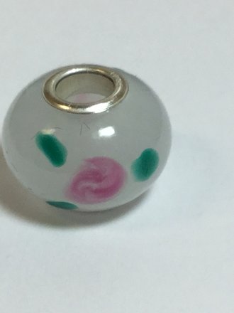 Sterling Silver White Glass Kera Bead with Rose Detail 14 x 10mm