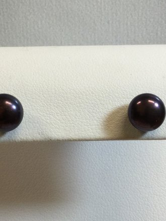 Sterling Silver 7-8mm Cultured Black Freshwater Button Pearl Earrings