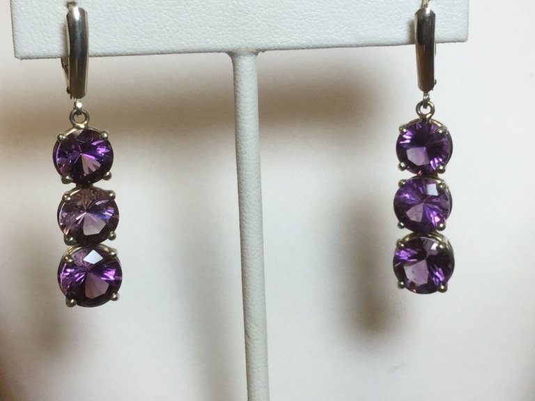 Sterling Silver 3-stone Round Amethyst Dangle Lever back Earrings