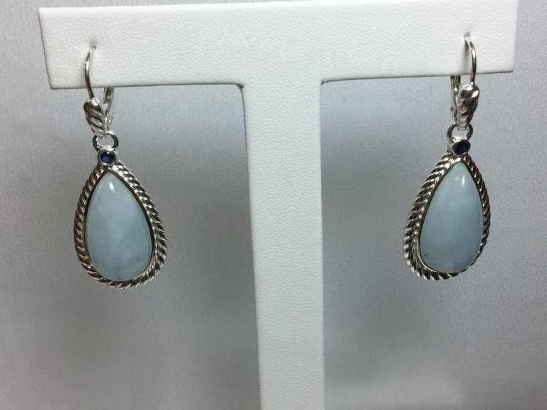 SSilver 21 x 11 Milky Aquamarine & Blue Sapphire Earrings