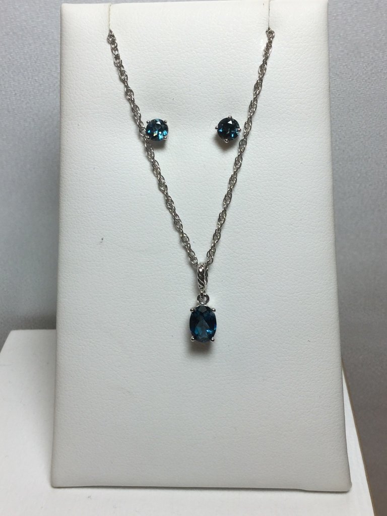 14KW London Blue Topaz 7 x 5mm Oval Pendant and 4mm Round Stud Earrings with 1.25mm Rope chain