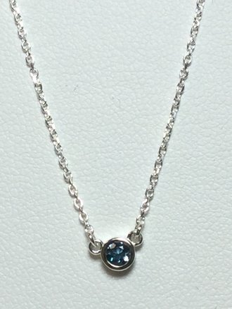 SSilver 3mm round Aquamarine Solitaire Necklace