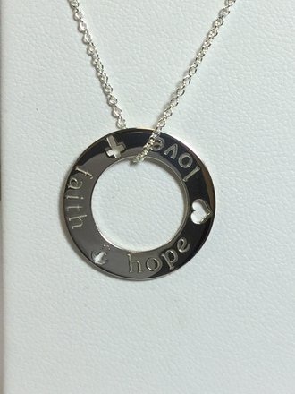 Sterling Silver Faith, Hope, Love Pierced Loop Necklace with 18" Wheat chain