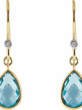 14KY 9 x 6 Pear Swiss Blue Topaz and .02 CTW Diamond Earrings