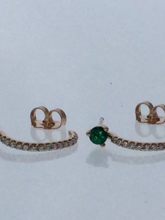 14KR Chatham Lab Round Emerald I1, G-H 1/6 CTW diamond J-Hoop Earrings