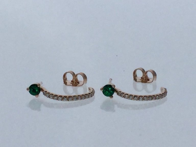 14KR Chatham Lab Round Emerald I1, G-H 1/6 CTW diamond J-Hoop Earrings