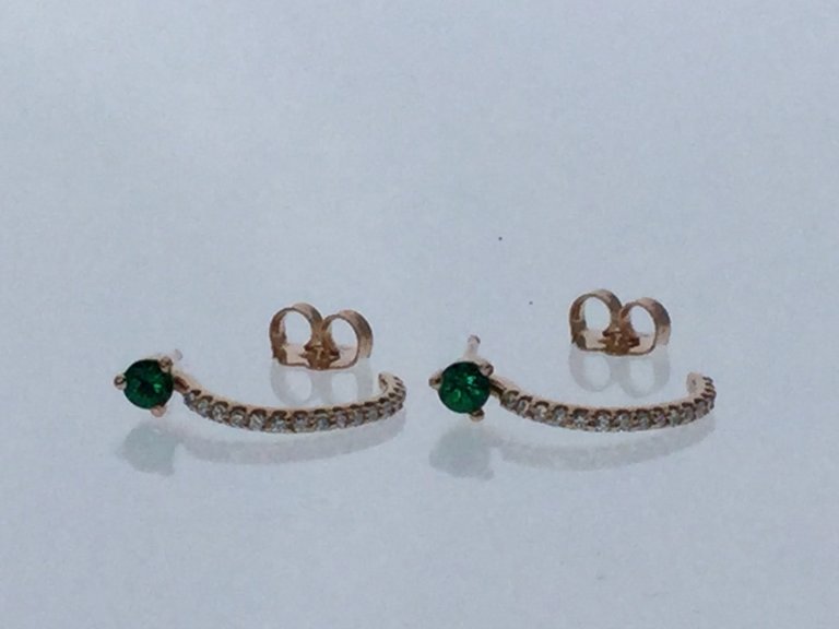 14KR Chatham Round Emerald I1, G-H 1/6 CTW diamond J-Hoop Earrings