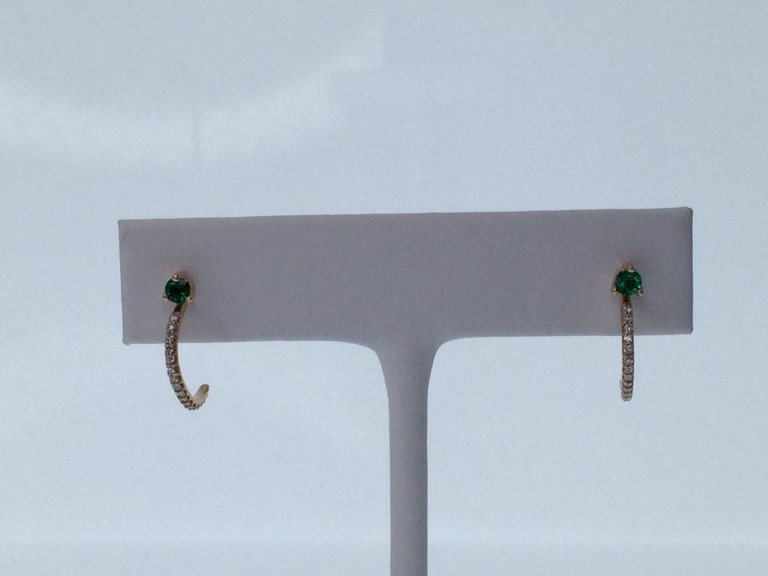 14KR Chatham Lab Round Emerald I1, G-H 1/6 CTW diamond J-Hoop Earrings