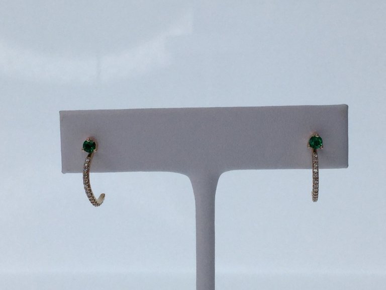 14KR Chatham Round Emerald I1, G-H 1/6 CTW diamond J-Hoop Earrings