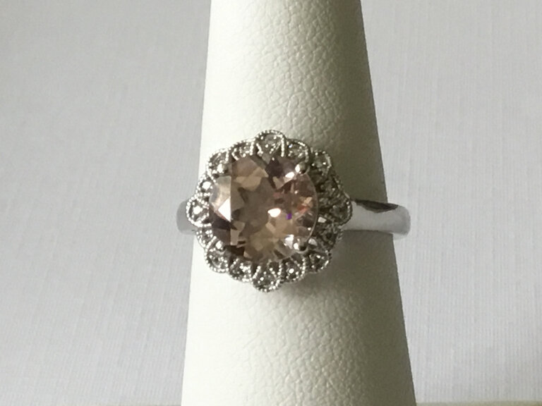 14KW 7mm Natural Morganite and 0.08ctw diamond Ring - size 7