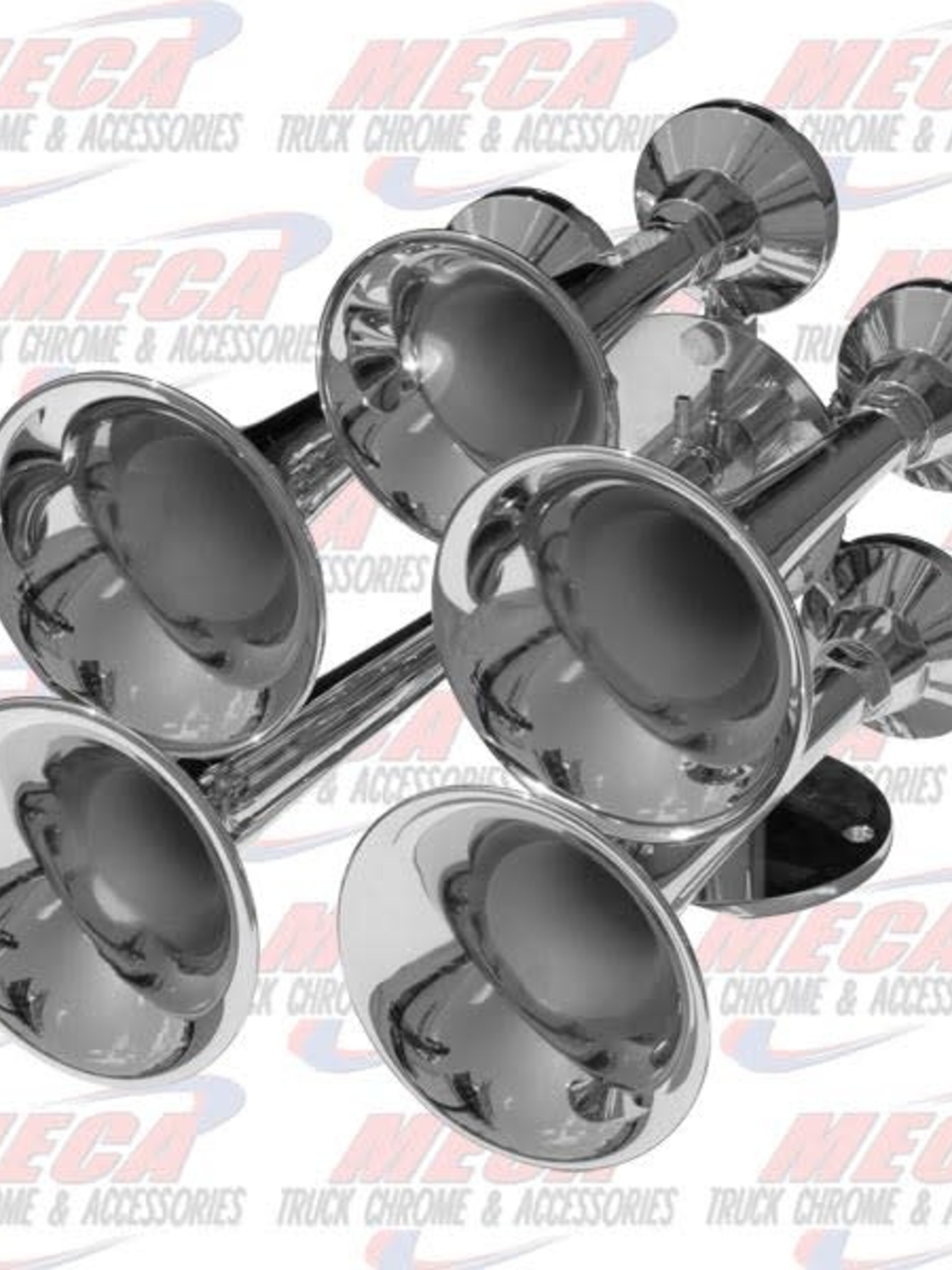 TRAIN AIR HORNS 5 BELL CHROME W/ HD CHROME BRACKET Meca Truck Chrome