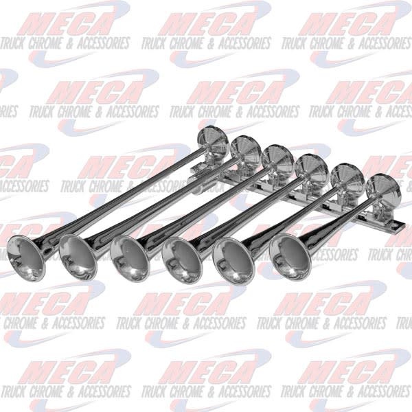 TRAIN AIR HORNS 6 BELL LEFT SIDE HORIZONTAL CHROME