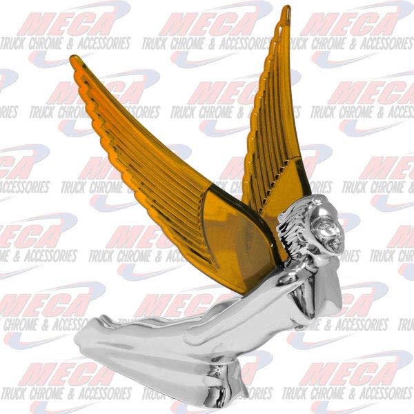 thumbnail image 2 of Peterbilt Flying Goddess Hood Ornament – Chrome With Amber Windrider Wings – KW FL Compatible 2 of 3
