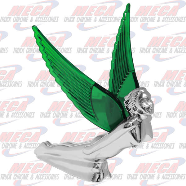 CR FLYING GODDESS HOOD ORN W/ GREEN WINDRIDERS, ILLUM. 8"X8"